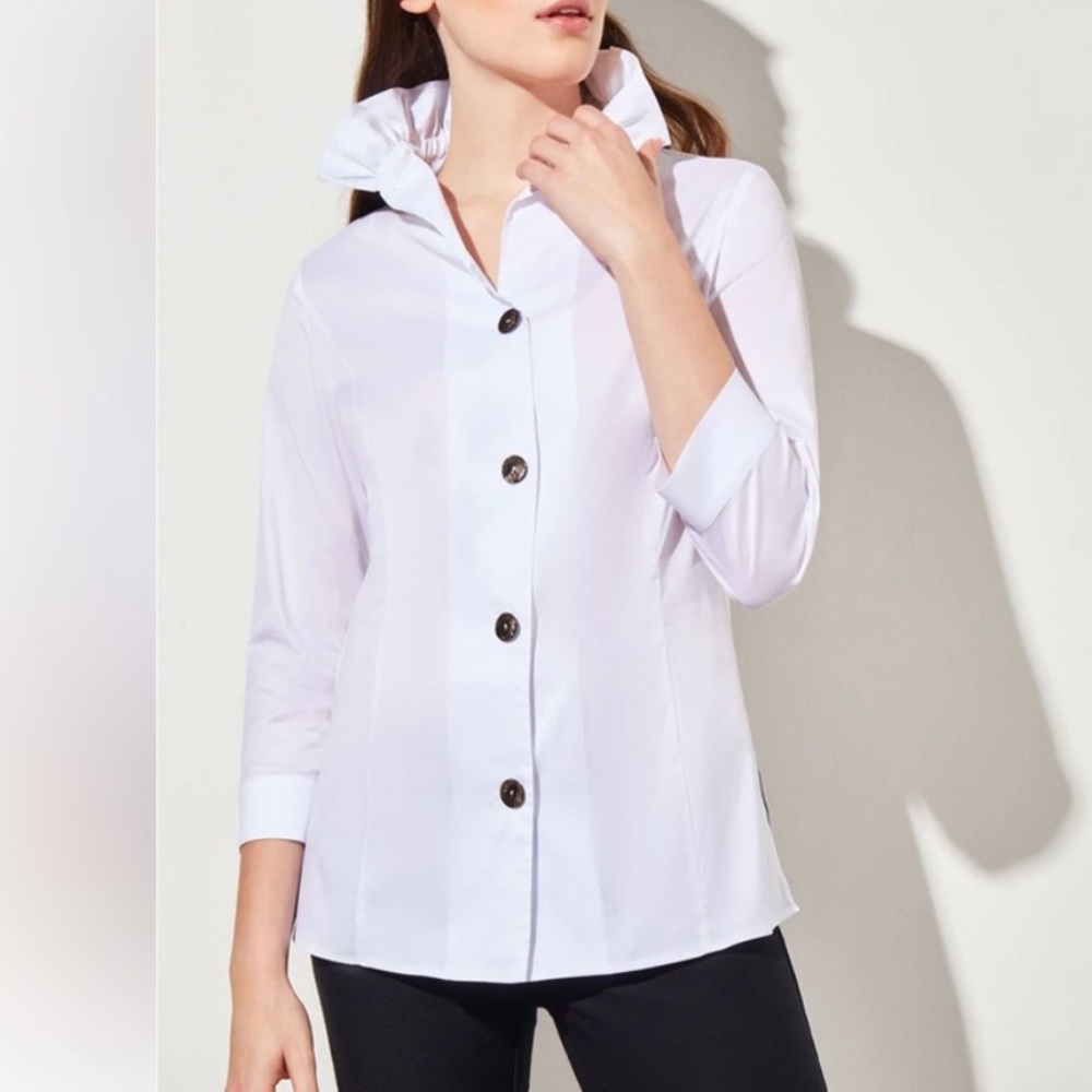 Ming Wang White Cotton Ruffle Collar Button Down Shirt